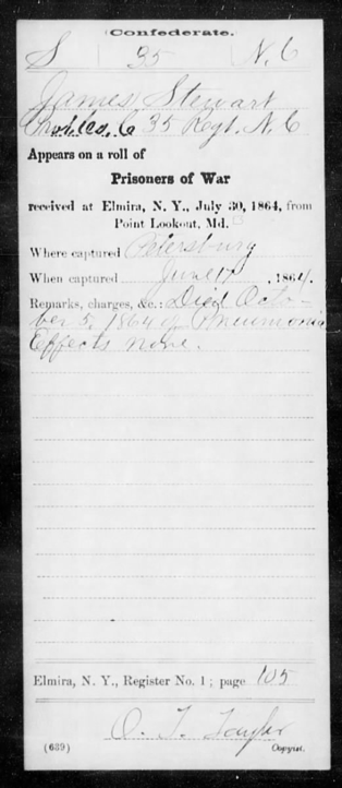James Stewart’s record detailing his death at Elmira Prison (Courtesy of Jillian S. Caddell)